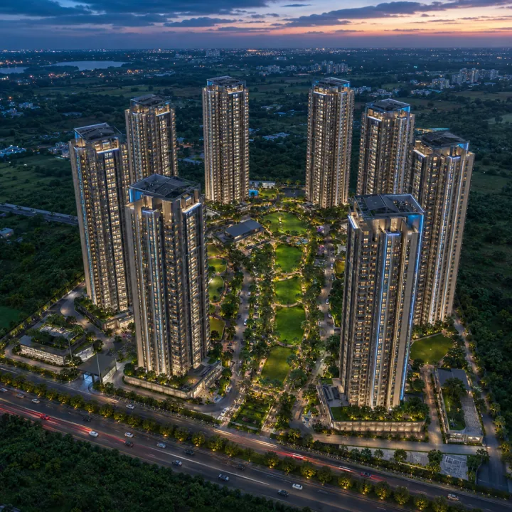 Sattva Varthur Road aerial view of the eight-tower high-rise community around a central green at Dommasandra, Varthur–Sarjapur Road, Bengaluru