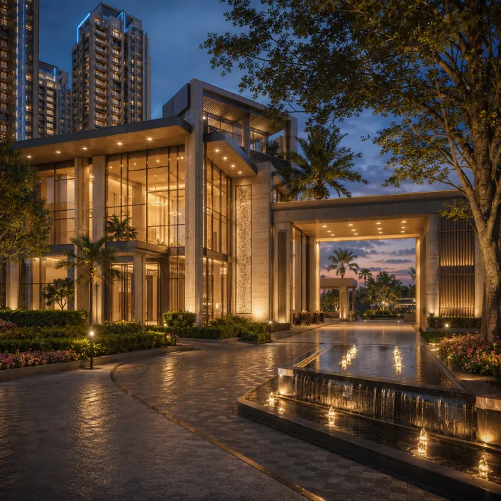 Sattva Varthur Road grand clubhouse entrance with glass façade and water feature at dusk