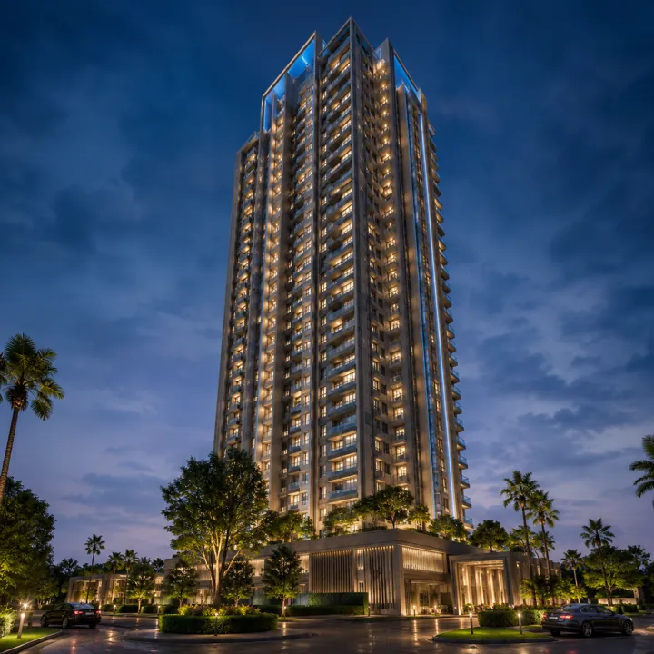 Sattva Varthur Road illuminated 3B+G+33 tower rising above the landscaped arrival court at dusk