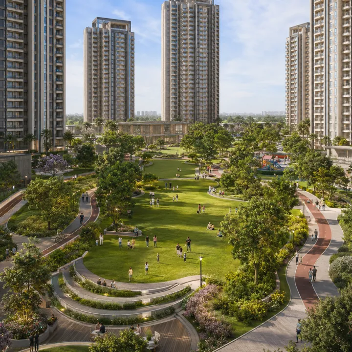 Sattva Varthur Road central landscaped green with jogging pathways and the towers rising behind by day