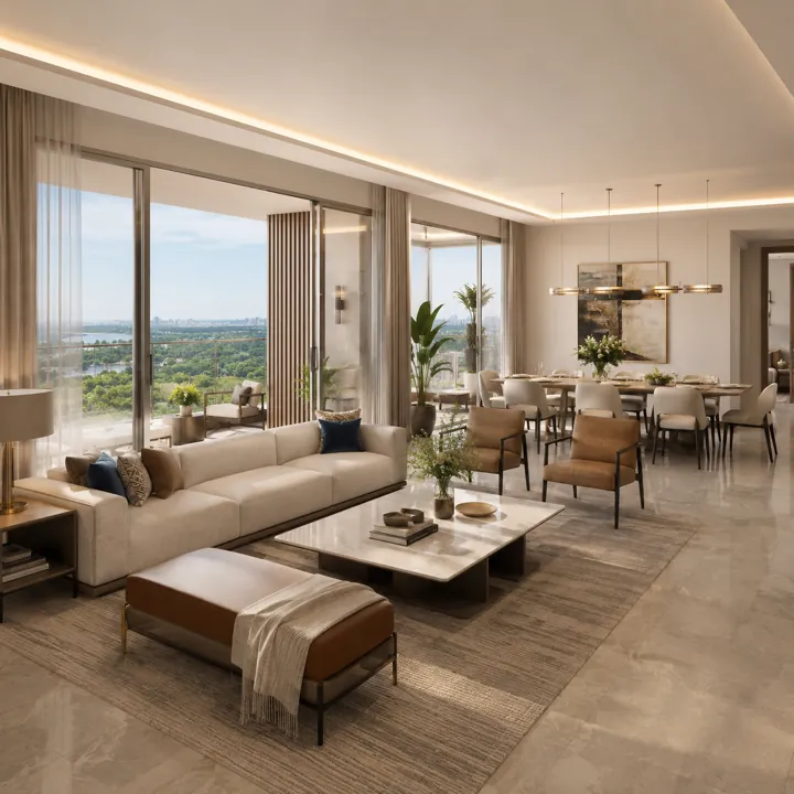 Sattva Varthur Road premium living and dining interior with floor-to-ceiling glazing opening to a balcony