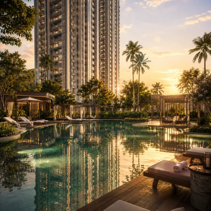 Sattva Varthur Road resort-style swimming pool and sun-deck with a tower reflected at sunset