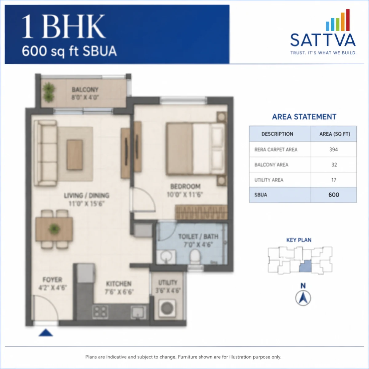 Sattva Varthur Road 1 BHK floor plan layout — 600 sq ft