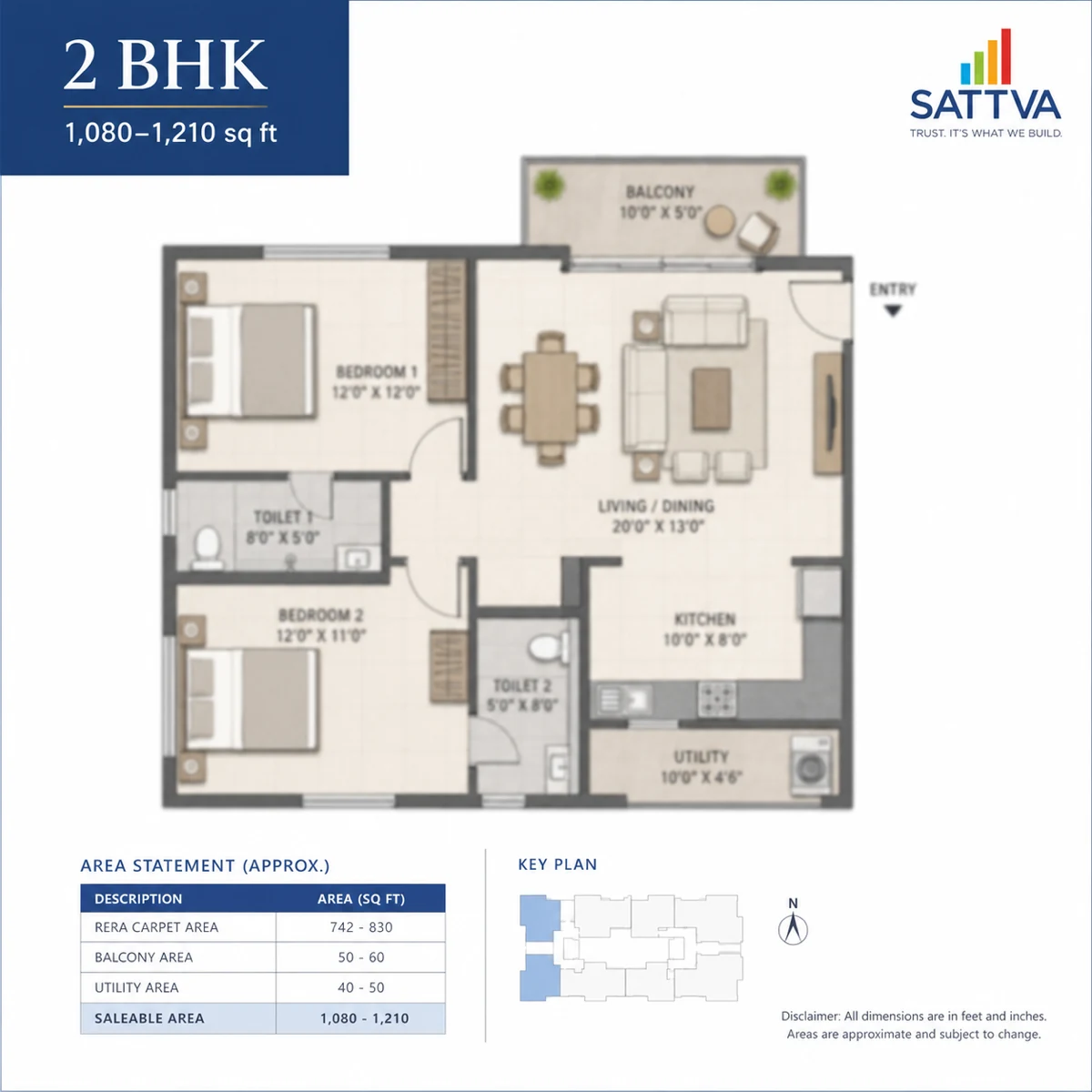 Sattva Varthur Road 2 BHK floor plan layout — 1,080 to 1,210 sq ft