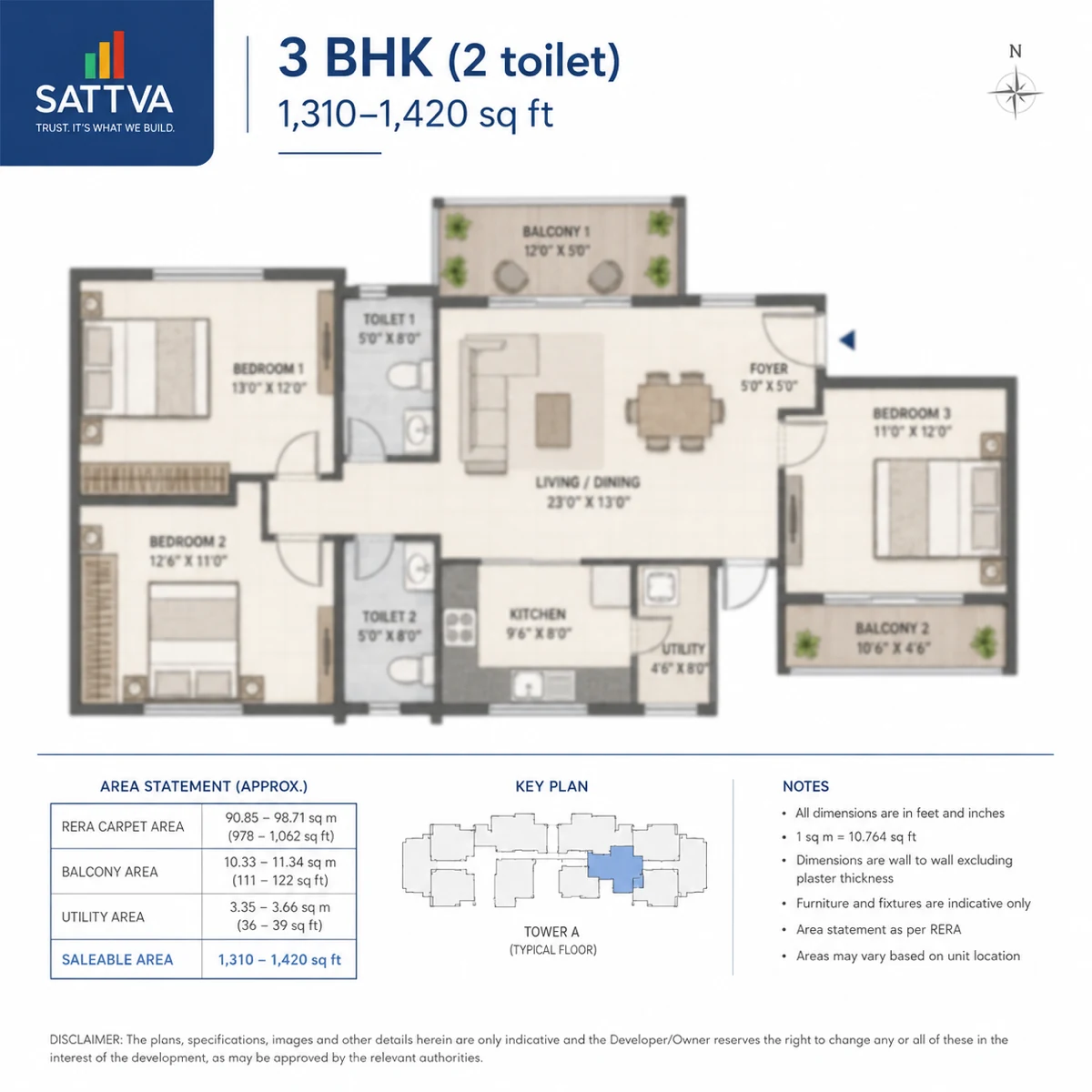 Sattva Varthur Road 3 BHK 2-toilet floor plan layout — 1,310 to 1,420 sq ft