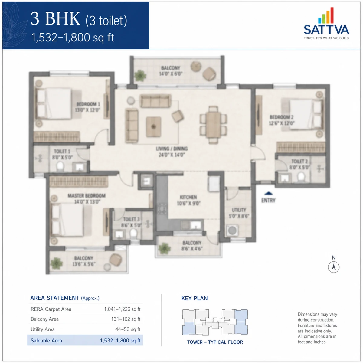 Sattva Varthur Road 3 BHK 3-toilet floor plan layout — 1,532 to 1,800 sq ft