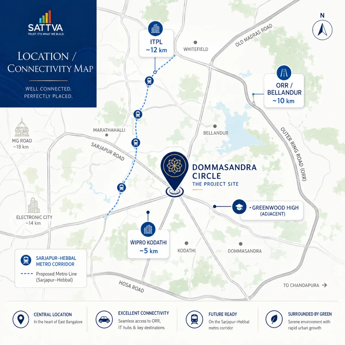 Sattva Varthur Road location map showing Dommasandra and Varthur–Sarjapur Road landmarks