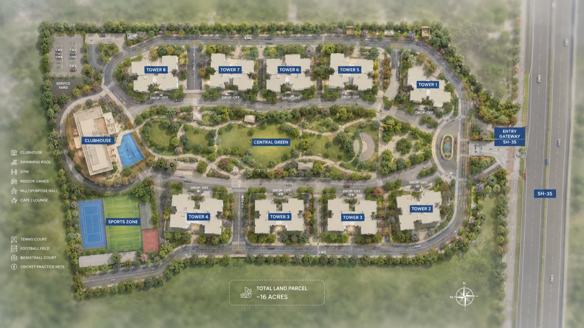 Sattva Varthur Road master plan site layout across ~16 acres with eight high-rise towers